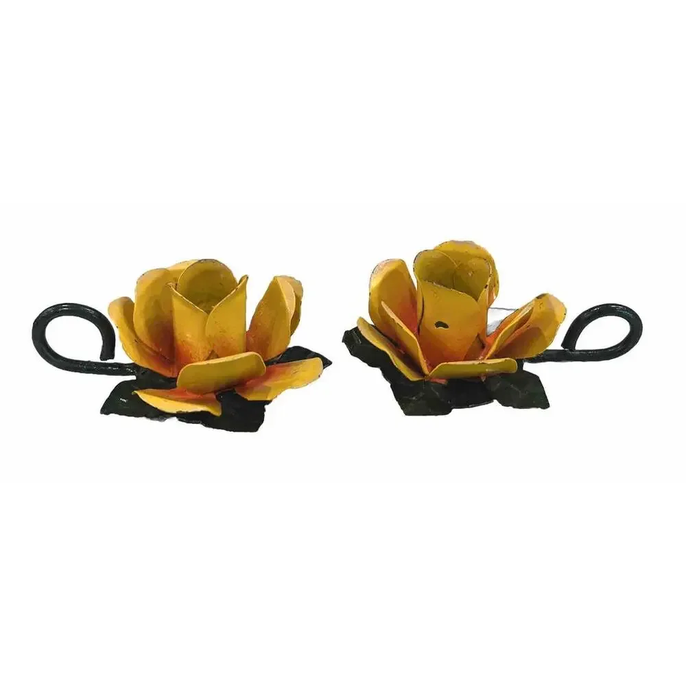 Vintage PIER ONE Metal Candle Holders Yellow Roses Made In‎ India Tapers 5”x4”